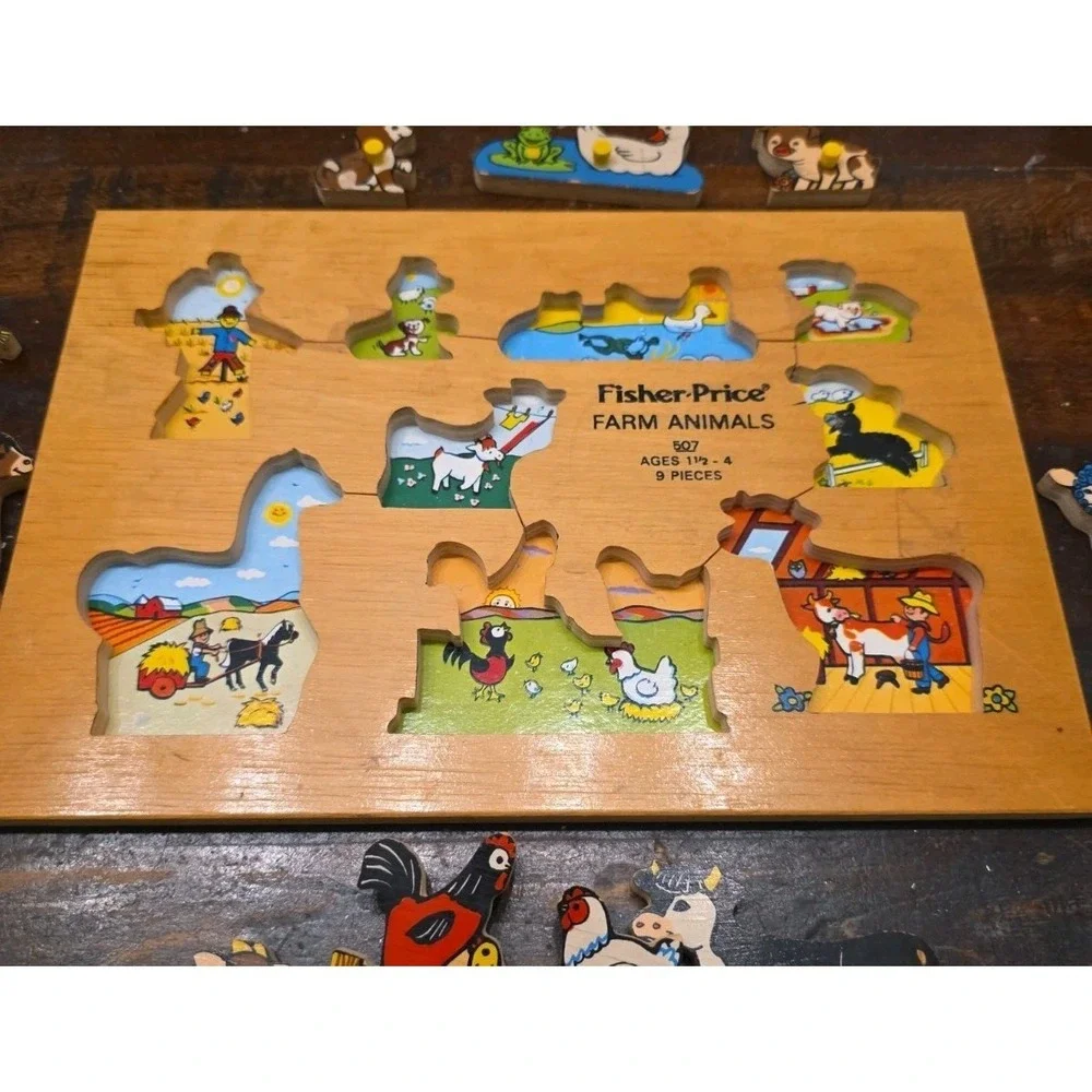 Vtg Wooden Peg Puzzle Lot Fisher Price Farm Animals School Bus Simplex Holland